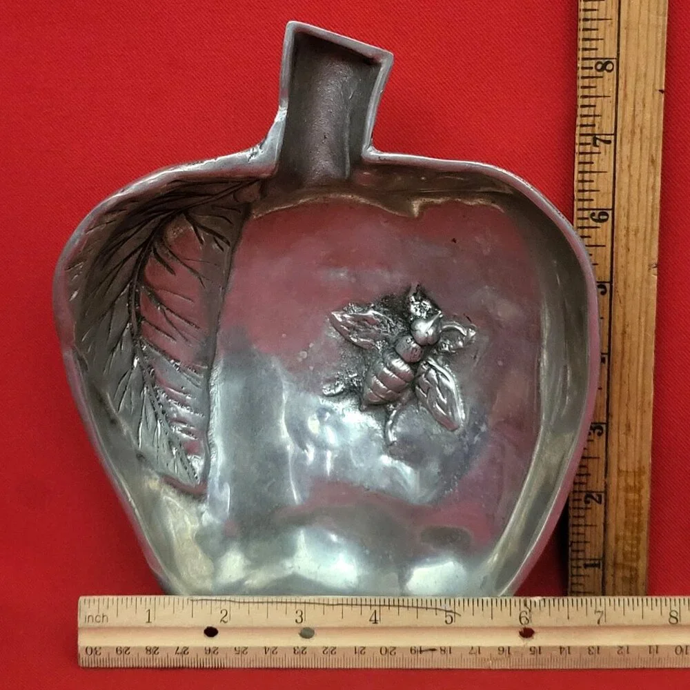 Vintage Metal Apple Shape Trinket Dish Leaf Design Bumblebee